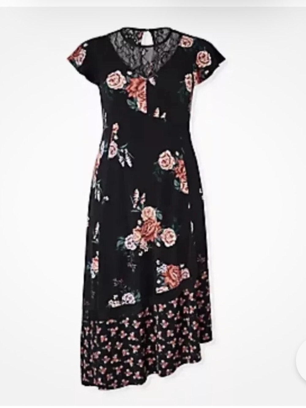 torrid Black Floral Lace-Trim Asymmetrical Midi Dress